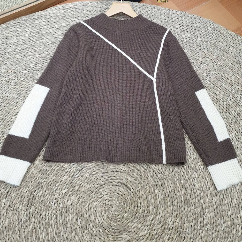 Brown White Geometric Line Color Block Knit Sweater